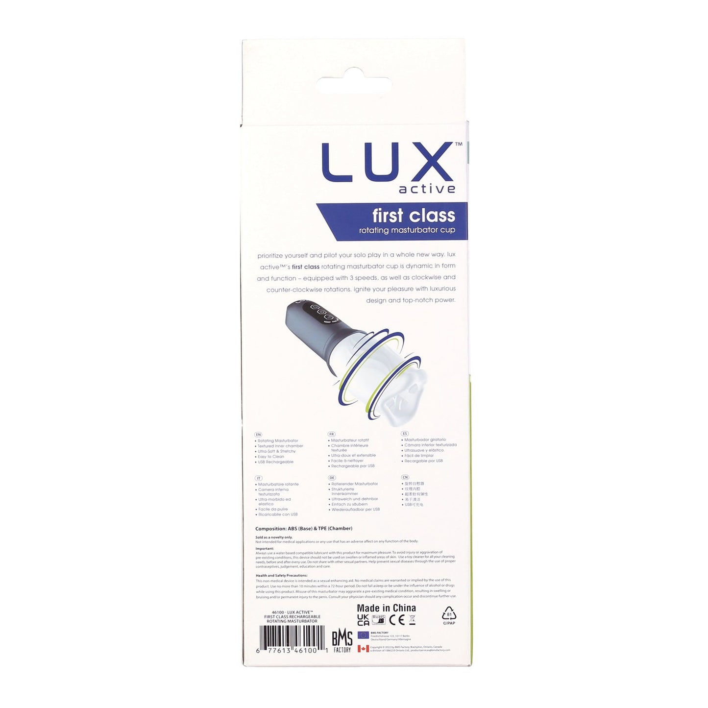 The image showcases the packaging for the Lux Active First Class Rotating Masturbator Cup by LUX, emphasizing its premium features, specifications, compatibility, and manufacturing details as a leading choice in personal pleasure devices.