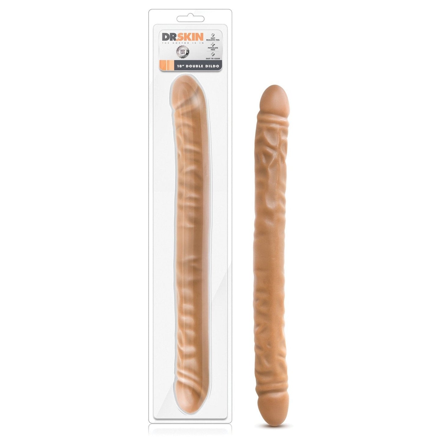 The image shows a packaged Blush Dr. Skin 18 Double Dildo by Blush Novelties. The flesh-toned, realistic dildo is visible through clear packaging, highlighting its lifelike texture, and stands vertically next to the box with branding details.