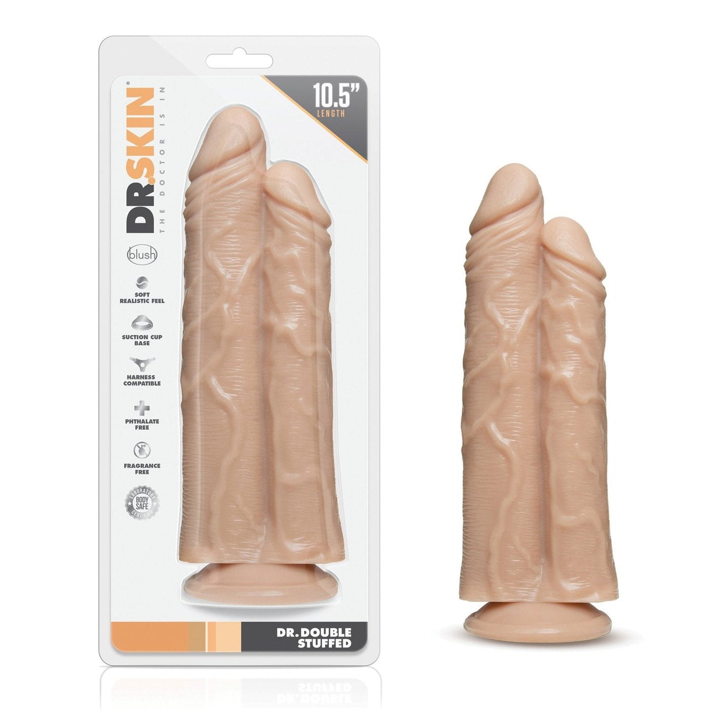 The image showcases the Blush Dr. Skin Dr. Double Stuffed dildo by Blush Novelties, a phthalate-free, realistic skin-tone toy with a veined shaft and double-ended design, featuring a suction cup base for versatile use.