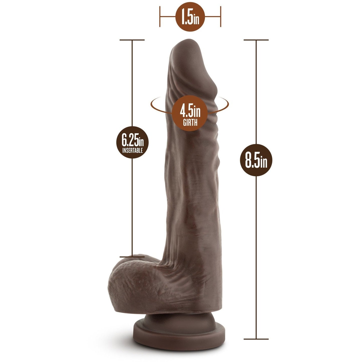 The Blush Dr. Skin Mr. Skin Stud Muffin Chocolate by Blush Novelties is a realistic silicone dildo, phthalate-free, with measurements: 1.5 width, 8.5 total length, 6.25 insertable length, and a 4.5 girth; it includes a strong suction cup base for versatile use.