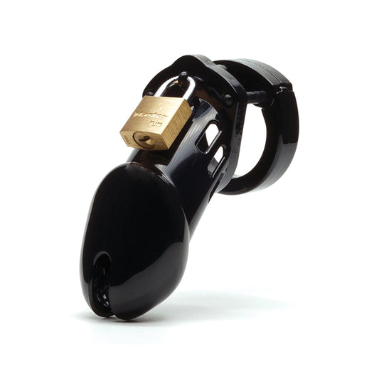 The CB-6000 3 1/4 Cock Cage & Lock Set by CB-6000S is a sleek black male chastity device made from durable plastic and includes a small padlock for secure wear.