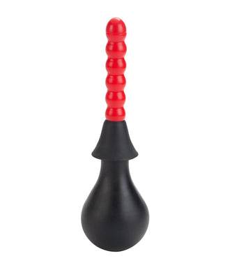 The Colt Anal Douche by California Exotic Novelties is a sleek black bulb with a long, ribbed red nozzle, ideal for intimate hygiene.