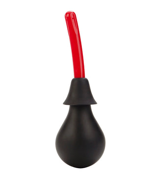 The Colt Ultra Douche by California Exotic Novelties features a black bulb syringe with a long, curved red nozzle for deep cleaning in medical or hygienic uses, showcased against a pristine white background.