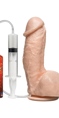 The Doc Johnson Squirting Realistic Cock features a life-like silicone design with balls, and includes a syringe and an orange Splooge Juice bottle with white and red text. This phthalate-free product is intended for demonstration or novelty purposes.
