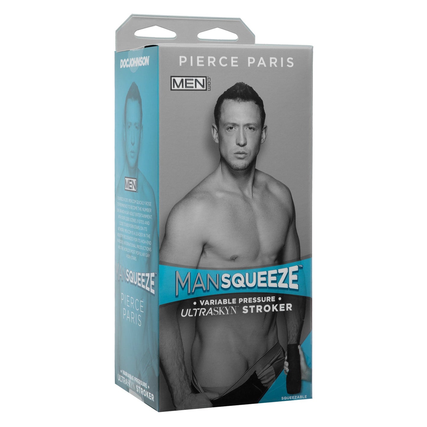 The image shows the packaging for the Man Squeeze ULTRASKYN Ass Stroker - Pierce Paris by Doc Johnson, featuring a shirtless male model and sleek blue/gray design elements.