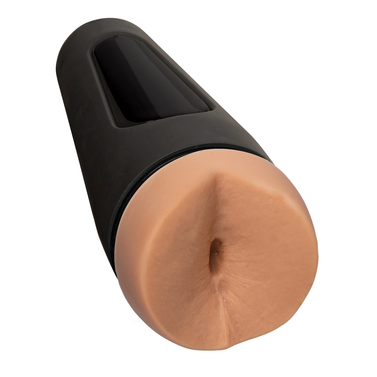 A black cylindrical object with a soft, skin-toned surface on one end resembles the Man Squeeze ULTRASKYN Ass Stroker from the Doc Johnson collection.