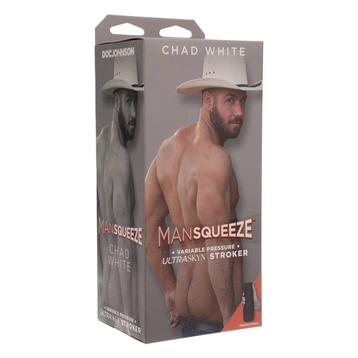 The packaging for Doc Johnsons Man Squeeze ULTRASKYN Ass Stroker discreetly features a man in a cowboy hat and highlights the name Chad White along with key product details.
