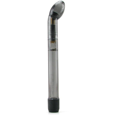 Dr. Joel Kaplan Prostate Massager, a slim smoke-clear vibrating wand with an angled rounded head and a black twist-dial base