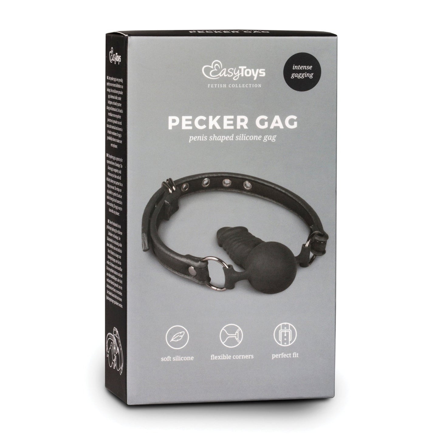 The Easy Toys Ball Gag With Silicone Dong, from Easy Toys, showcases an image of the product with icons emphasizing its soft silicone, adjustable strap, flexible corners, and perfect fit—an erotic favorite for enthusiasts.