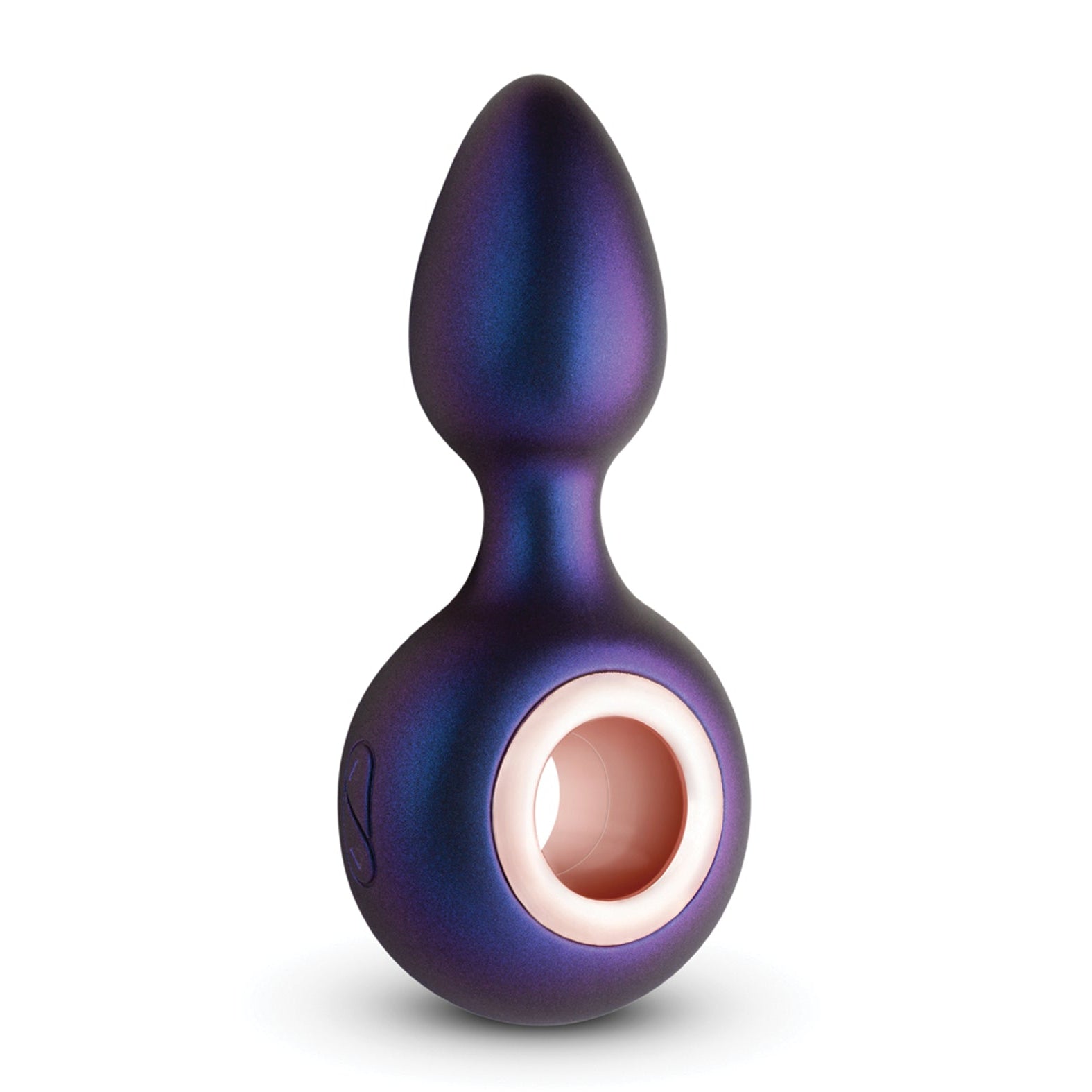 The Hueman Deep Space Vibrating Anal Plug, by Hueman, is a purple, bulb-shaped design with a glossy silicone surface and a narrow top leading to a rounded base featuring a circular opening. It offers 10 powerful vibration settings for an exceptional sensory experience.