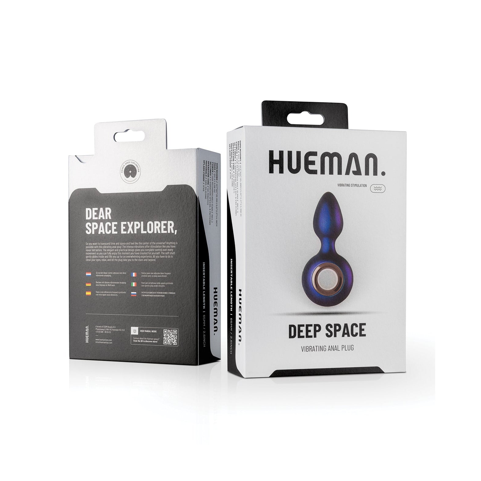 Two boxes of the Hueman Deep Space Vibrating Anal Plug. The front box features product image and branding; the back details its silicone texture and 10 intense vibration settings, with multilingual instructions.