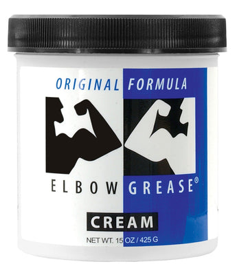 A 15 oz (425 g) container of Elbow Grease Original Cream, a mineral oil-based lubricant by Elbow Grease, features a blue and white label with muscular arm graphics and has a black lid.