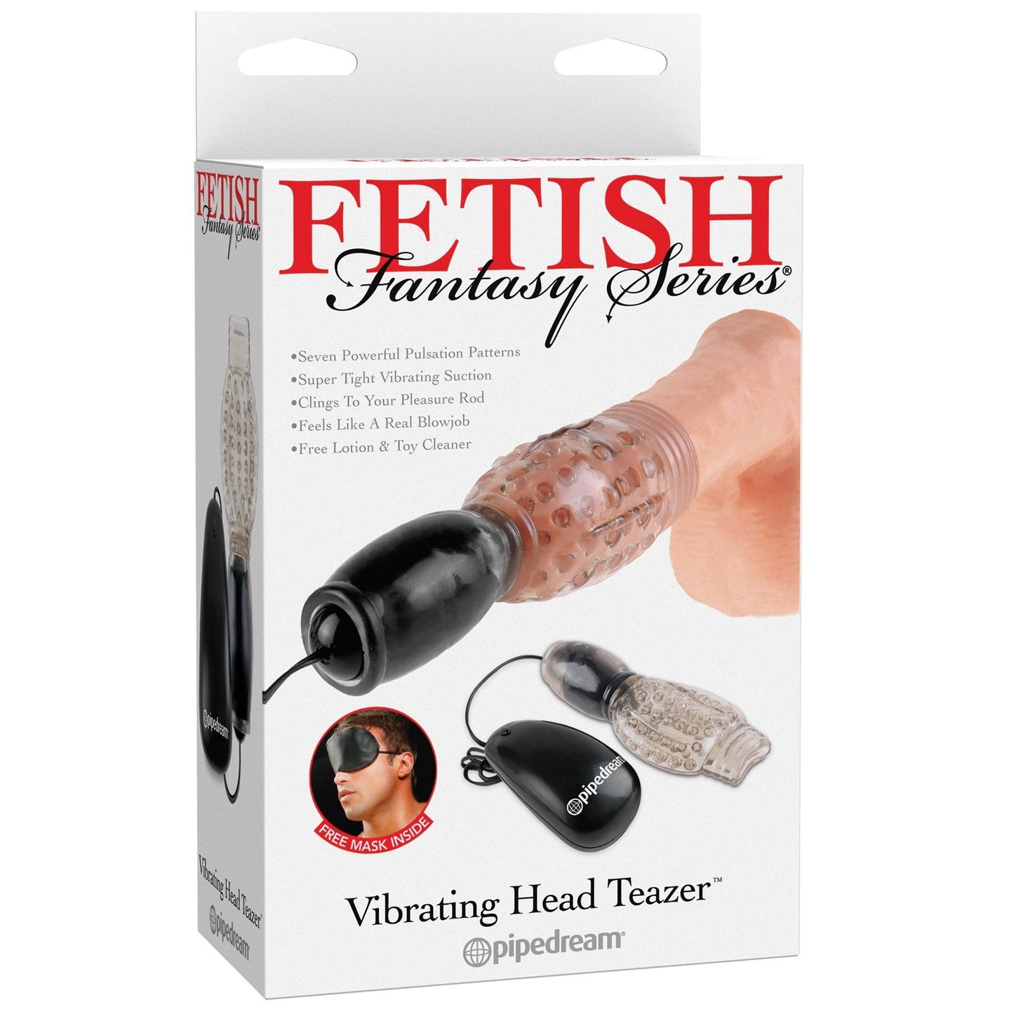 The Pipedream Fetish Fantasy Series Vibrating Head Teazer - Black box displays the product and remote, along with an image of someone wearing an eye mask. Text highlights features like vibration patterns and texture for an enhanced blowjob experience.