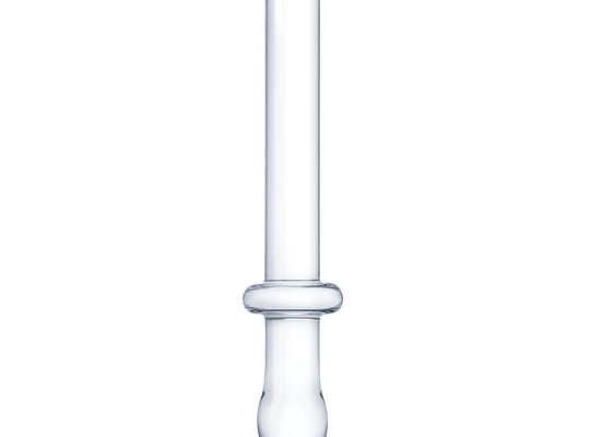 The Gläs 9.25 Classic Smooth Dual Ended Dildo is a clear, glass droplet-shaped item with a long cylindrical body, rounded tip, and ring-like section near the base against a plain white background.
