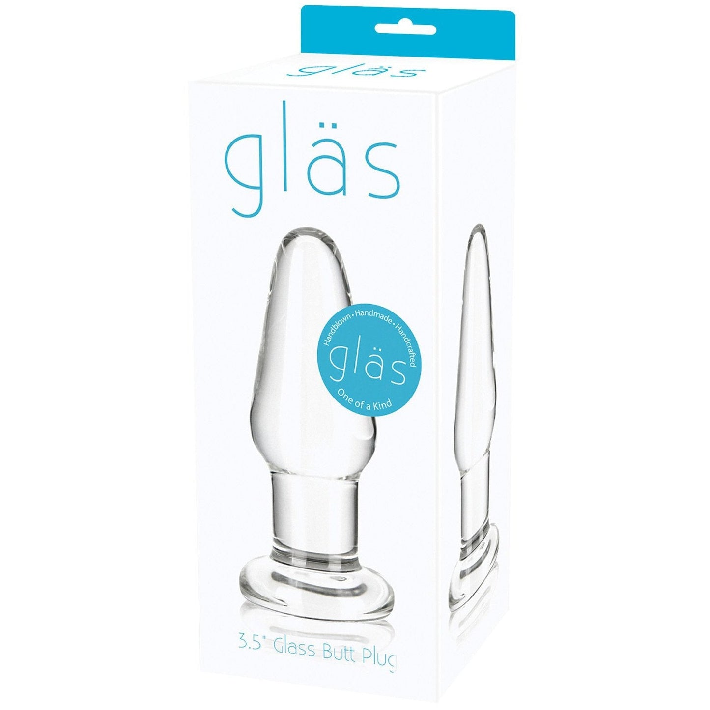 The Gläs 3.5 Smooth Glass Butt Plug comes in a minimalistic box with blue text and an image of the body-safe product on every side. Ideal for temperature play, this design emphasizes both safety and style.
