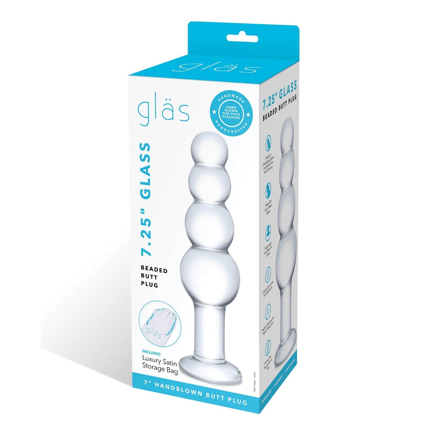 The Glas 7.25 Glass Beaded Butt Plug by Glas delivers luxurious anal pleasure, comes with a satin storage bag, and is packaged in a sleek blue and white box featuring product images and descriptions.
