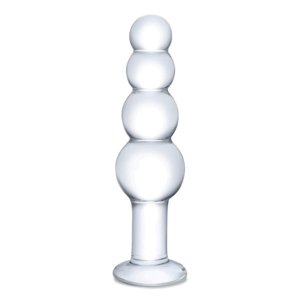 The Glas 7.25 Glass Beaded Butt Plug by Glas features four vertically stacked, increasing spherical segments with a short cylindrical base and wide round bottom for stability, offering both elegance and anal pleasure.