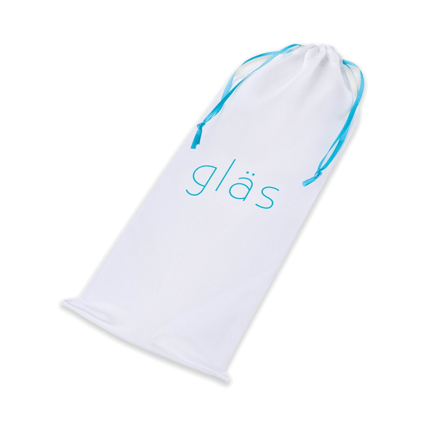 A white drawstring bag with light blue strings, featuring glรคs in blue. This stylish accessory complements your Glas Double Bull Glass Dildo - Black, adding elegance to your p-spot stimulation sessions.
