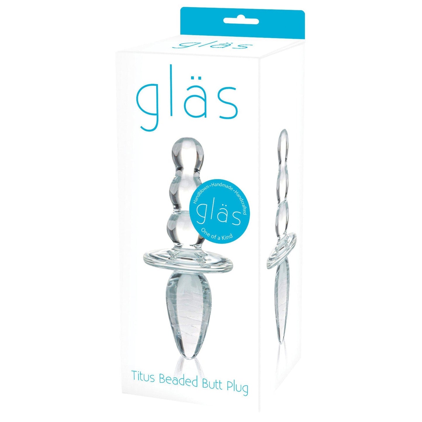 A white retail box displays the Glas Titus Beaded Glass Butt Plug, featuring clear glass with blue accents and crafted from shatterproof glass. The brand Gläs appears at the top, and a side badge declares it One of a kind.