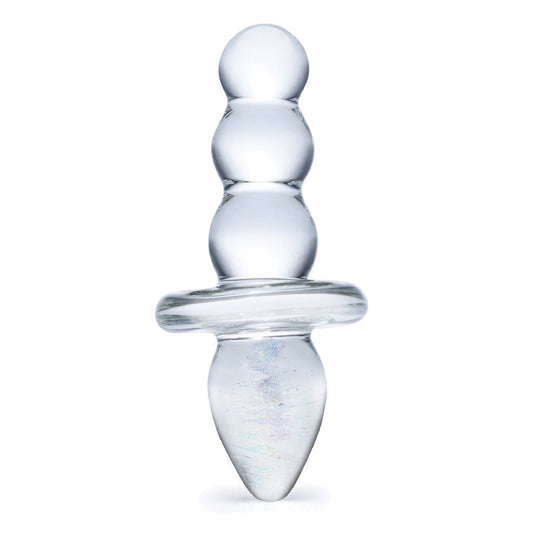 The Gläs Titus Beaded Glass Butt Plug features a hypoallergenic, textured design with three rounded beads above a tapered tip and a flared base. Made from shatterproof glass for comfort and safety.
