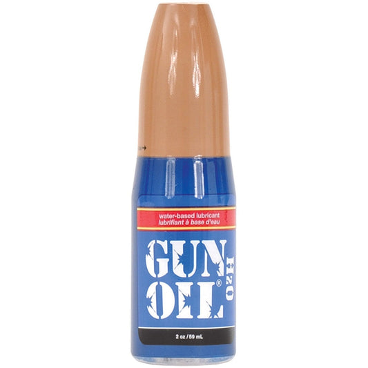 A 2 oz (59 ml) bottle of Gun Oil H2O water-based lubricant, infused with aloe vera for comfort, featuring a brown cap and blue label with the brand name prominently displayed, ensures lasting moisture.