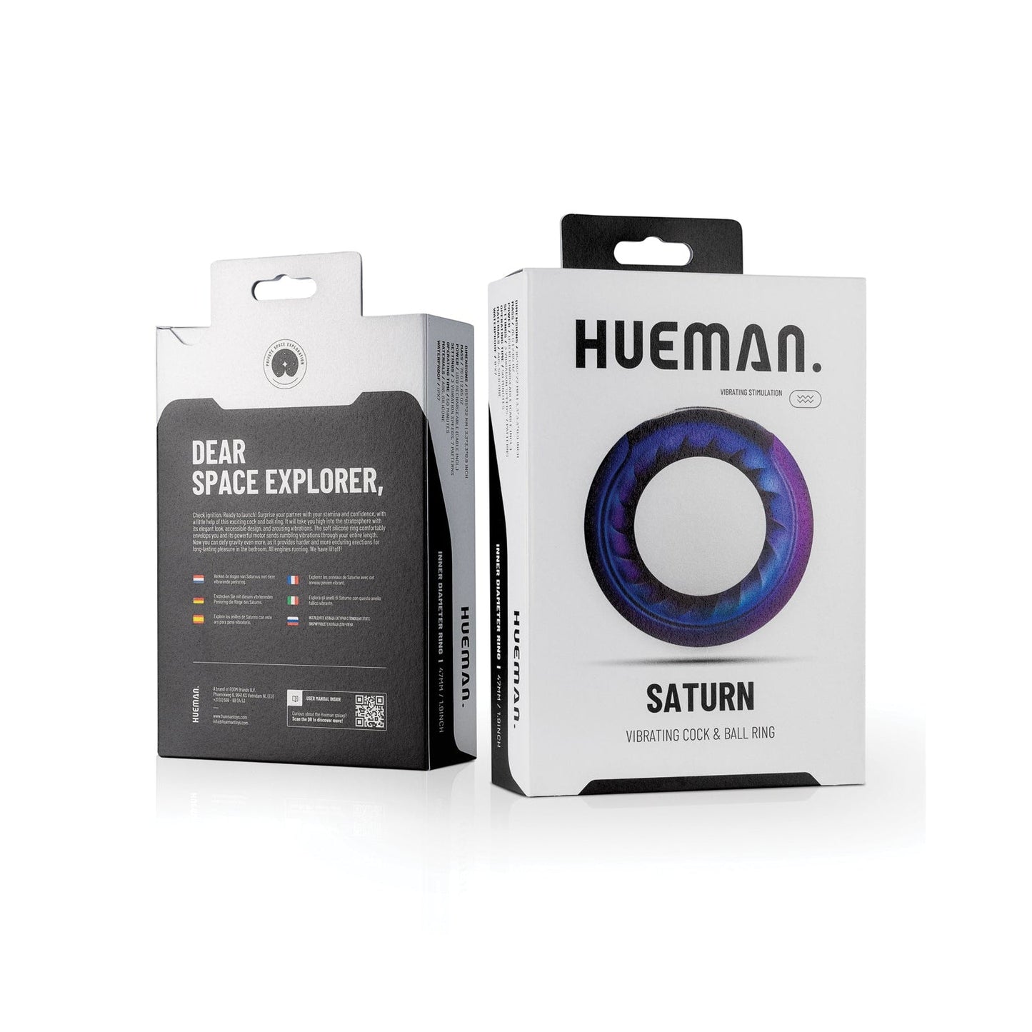 Two boxes of the Hueman Saturn Vibrating Cock & Ball Ring are on display. The front box highlights its circular design with a blue and purple color scheme, while the back provides instructions for intergalactic fun. Explore 10 vibration modes by Hueman for out-of-this-world adventures.