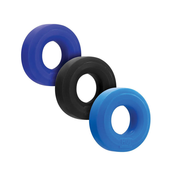 Hunky Junk HUJ cock ring 3 pack in blue, black and light blue: three thick donut rings with the HUJ logo