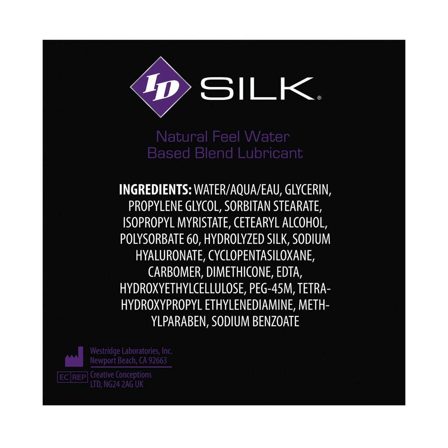 The image displays ID Silk Natural Feel Lubricant in sleek packaging. As a unique hybrid water-based blend, it includes water, glycerin, and hydrolyzed silk. The black package features elegant white and purple text with manufacturer details at the bottom.