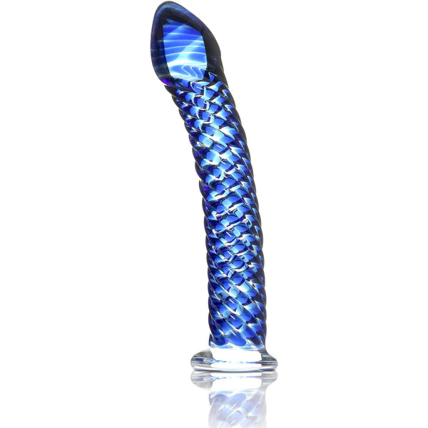 Icicles No. 29 by Icicles is a blue, hand-blown glass dildo with a spiral pattern. It features a curved shape, pointed tip, and flared base with braided texture for a glossy look. It stands upright elegantly against a plain background.