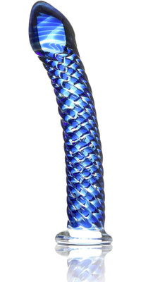 Icicles No. 29 by Icicles is a blue, hand-blown glass dildo with a spiral pattern. It features a curved shape, pointed tip, and flared base with braided texture for a glossy look. It stands upright elegantly against a plain background.