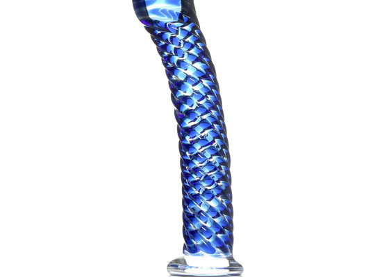 Icicles No. 29 by Icicles is a blue, hand-blown glass dildo with a spiral pattern. It features a curved shape, pointed tip, and flared base with braided texture for a glossy look. It stands upright elegantly against a plain background.
