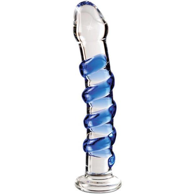 The Icicles No. 5 by Pipedream is a phthalate-free, hand-blown glass massager with a smooth, clear shaft and blue swirls. It features a flat base for stability.