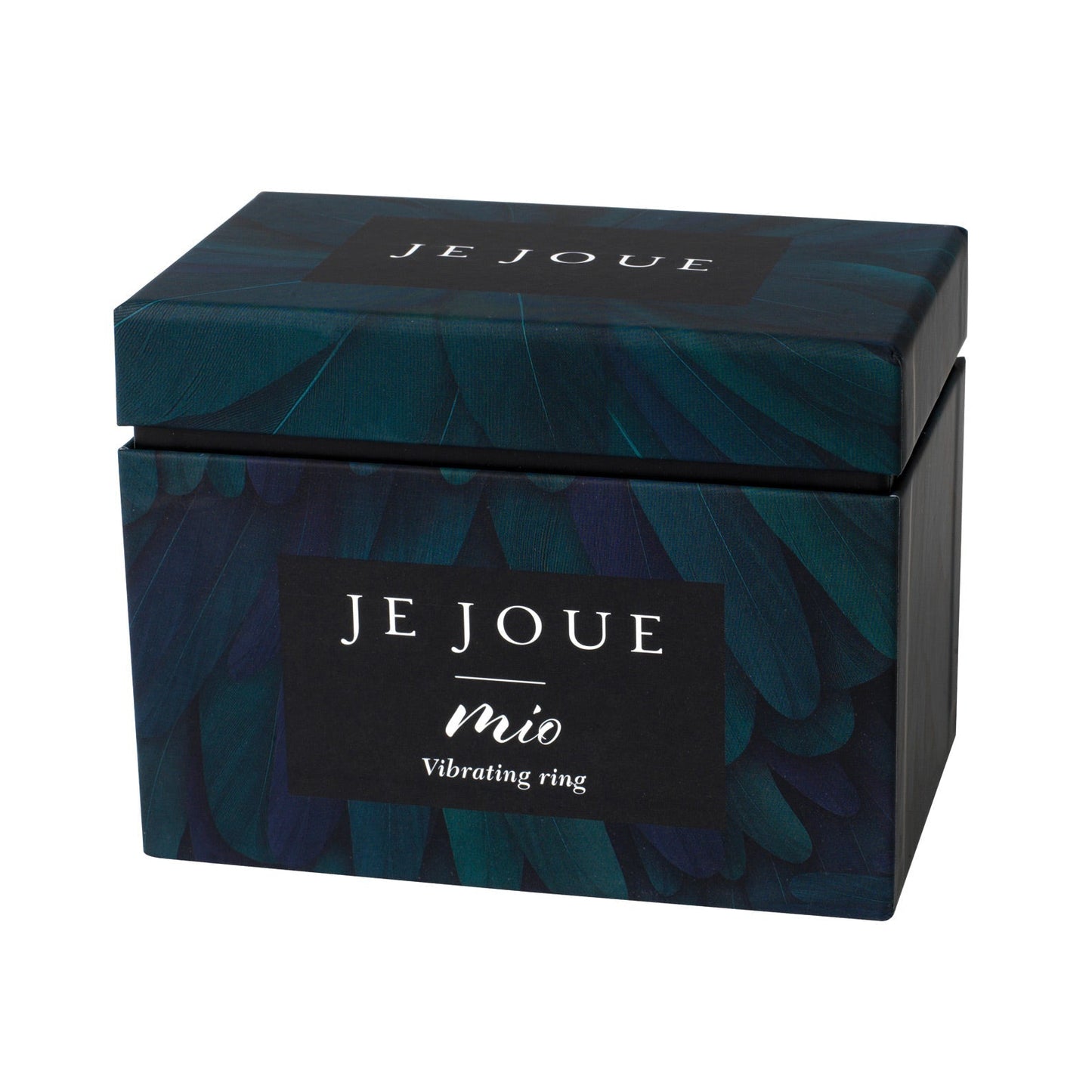 The Je Joue Mio Cock Ring is elegantly introduced in a stylish, dark box featuring a feather design and JE JOUE text. Below, Mio Vibrating Ring emphasizes its advanced features, all wrapped in luxurious, sleek packaging.