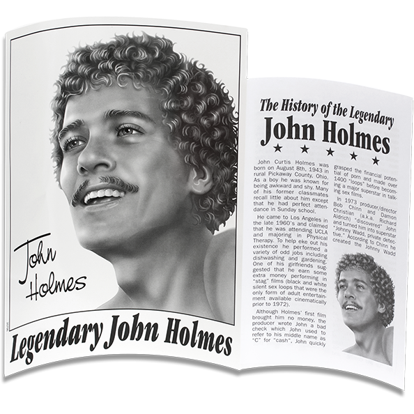 A booklet displays a signed black-and-white portrait of a curly-haired individual named John Holmes with the title The History of the Legendary John Holmes, whose storied life led to the creation of Doc Johnsons iconic product, the John Holmes 12 Realistic Dildo.