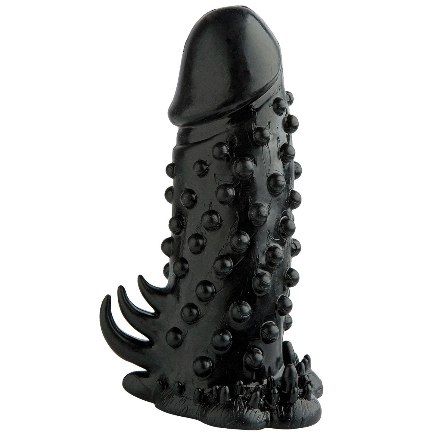 The Malesation Nubby Sleeve by Malestation, made of black textured TPR, has a bulbous tip with round protrusions and curved spikes at the base, creating an abstract sculptural design that enhances the cock with a unique tactile experience.