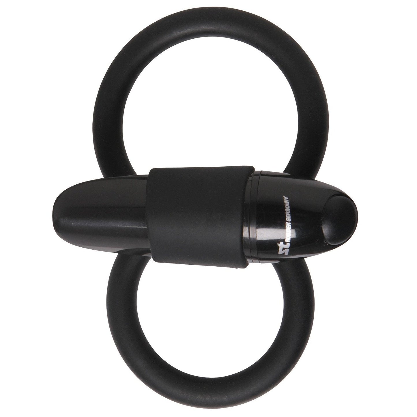 The Malesation Squeeze Cock & Ball Ring by Malestation is a sleek, modern black silicone ring featuring a removable vibrating bullet at its center. This personal massager has a glossy finish, adding an elegant touch.