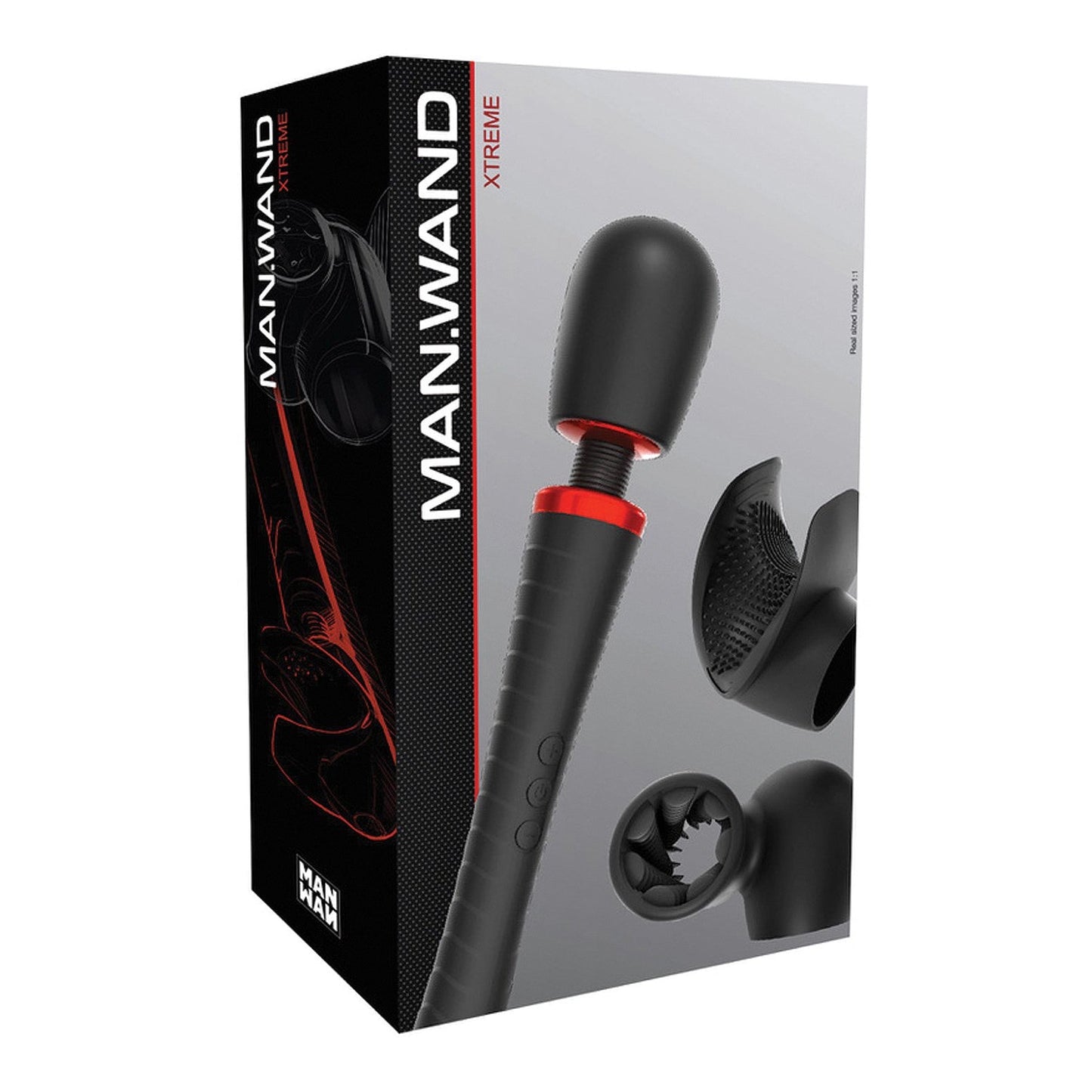 The image displays the packaging for Adams Toy Box Man Wand Xtreme with 2 attachments, a powerful male stimulation device. The box features its design and vibration modes in a black and red color scheme with illustrative graphics.
