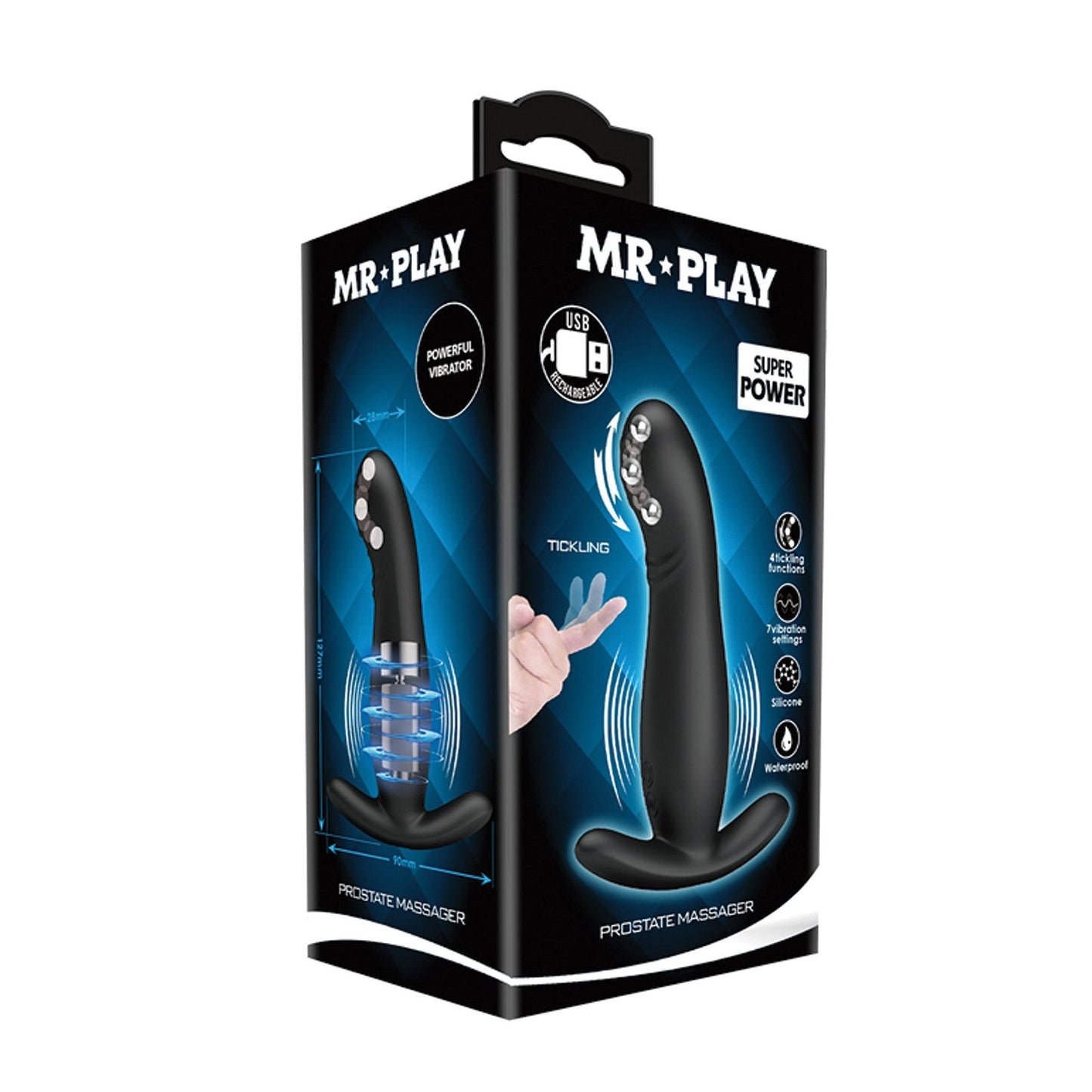The packaging of the Mr. Play Rolling Bead Prostate Massager from Adams Toy Box features a sleek image on a black and blue background, highlighting its powerful vibrator, USB charging, waterproof capabilities, and body-safe silicone construction.