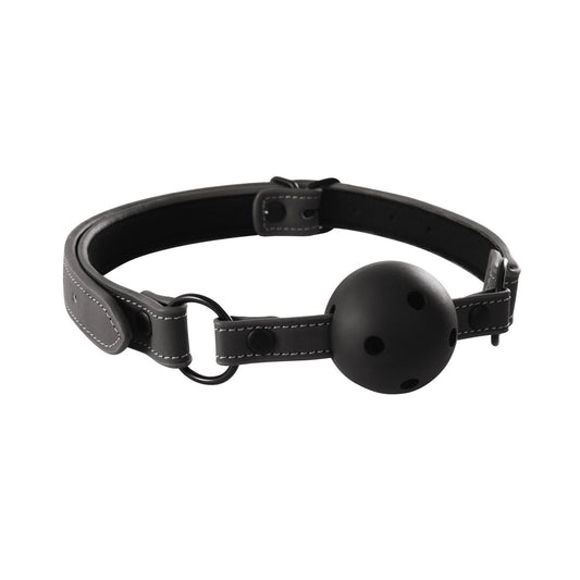 The NS Novelties Renegade Bondage Ball Gag offers a breathable black ball with an adjustable strap, white stitching, and metallic rings. Made from durable vinyl, its the perfect tool for those desiring both comfort and control in their master domination play.