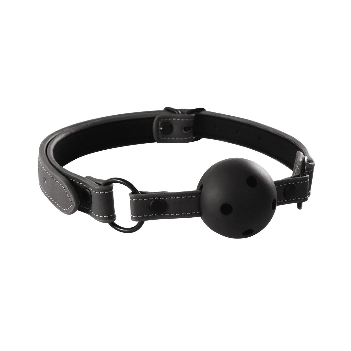 The NS Novelties Renegade Bondage Ball Gag offers a breathable black ball with an adjustable strap, white stitching, and metallic rings. Made from durable vinyl, its the perfect tool for those desiring both comfort and control in their master domination play.