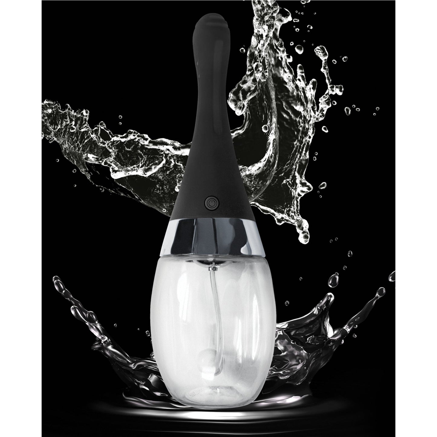 Set against a dark backdrop, the Electro Douche by Nasstoys shines with its sleek black and silver design, highlighted by splashing water. This modern bottle exudes style while providing effortless booty cleansing, and its rechargeable for your convenience.