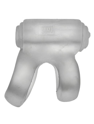 A translucent frosted glass sculpture with dual-legged design and smooth curves mirrors the sleek Hunky Junk Revhammer Shaft Vibe Ring - Clear Ice With Blue Vibe, featuring a cylindrical upper part and subtle logo.