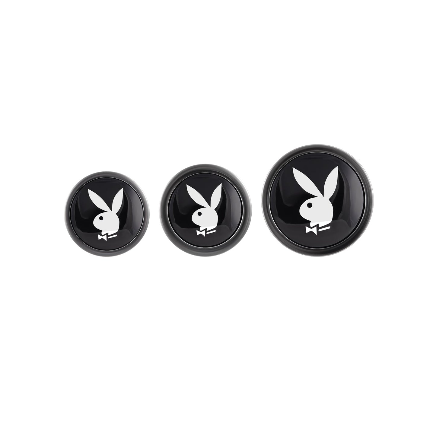 The Playboy 3 Ways Butt Plugs, branded with white bunny logos, offer a subtle booty game upgrade with three circular black caps that increase in size from left to right.