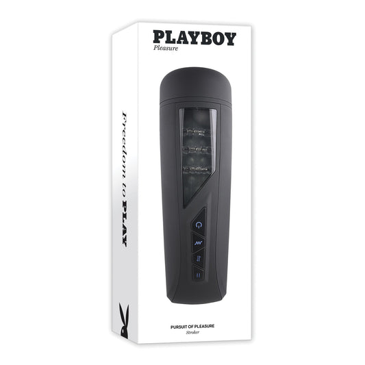 A sleek Playboy Pursuit Of Pleasure Stroker - 2 AM, crafted with premium materials, features control buttons and a black design. The packaging highlights the product and Freedom to Play, emphasizing your pursuit of pleasure.