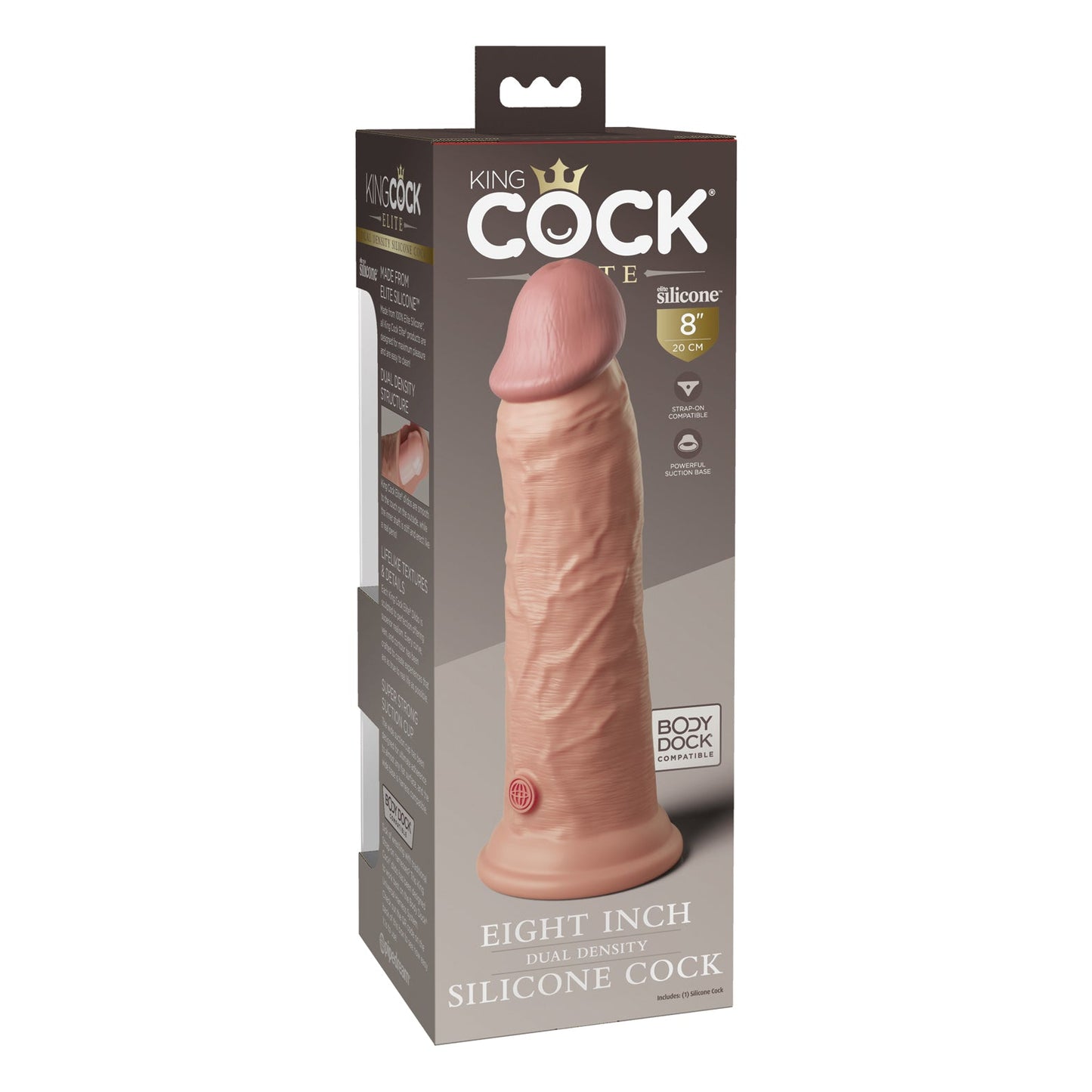 The King Cock Elite 8 Dual Density Silicone Cock, branded by King Cock, comes in a package showcasing lifelike textures and includes an image of the product for an enticing preview.