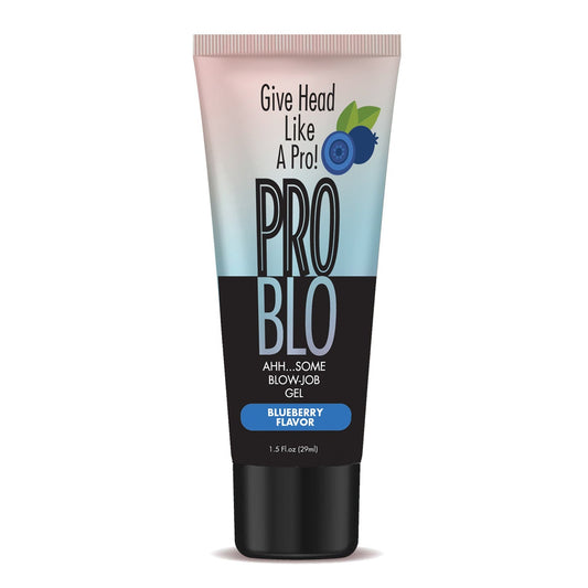 Image of a Problo Oral Pleasure Gel tube with Blueberry Flavor on it. Packaging says, Give Head Like A Pro! and Ahh...Some Blowjob Gel. This product offers an enhanced oral experience and contains 1.5 fl oz (29 ml).