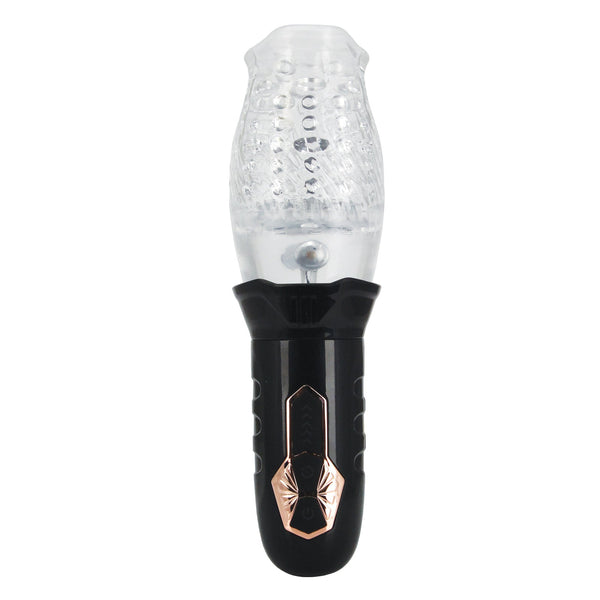 The Male Rose Cyclone Spinning Masturbator by Secwell features a sleek black handle with control buttons and a textured clear top, resembling a Blow Job Simulator. It combines modern aesthetics with smooth and textured surfaces for an innovative experience.