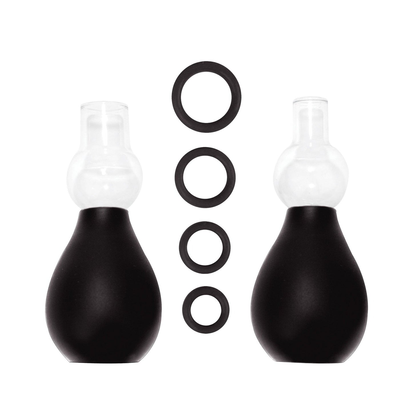 The Shots Ouch Nipple Erector Set – Black includes two black squeeze bulbs with transparent nozzle tops, and four vertically arranged black O-rings in varying sizes.