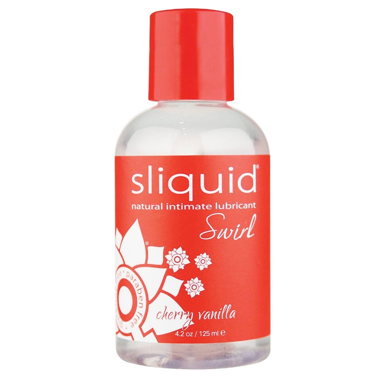 A clear bottle of Sliquid Naturals Swirl Lubricant, featuring a red label with white floral designs and text such as cherry vanilla and 4.2 oz / 125 ml, offers a vegan-friendly, water-based experience.