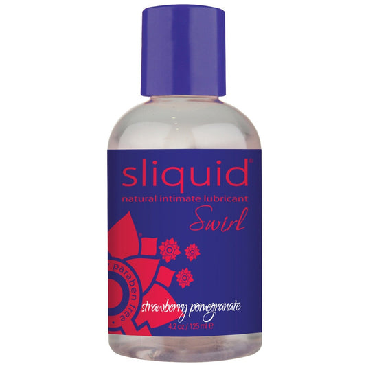 Sliquid Naturals Swirl Lubricant, a natural and vegan-friendly water-based lube, comes in a 4.2 oz bottle with a purple and red floral design label, indicating its strawberry pomegranate flavor.